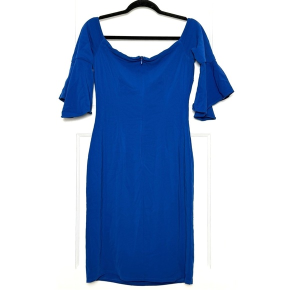 LAUNDRY SHELLI SEGAL Cobalt Crepe Off Shoulder Flare Bell Sleeve Sheath Dress 8 - Picture 5 of 8